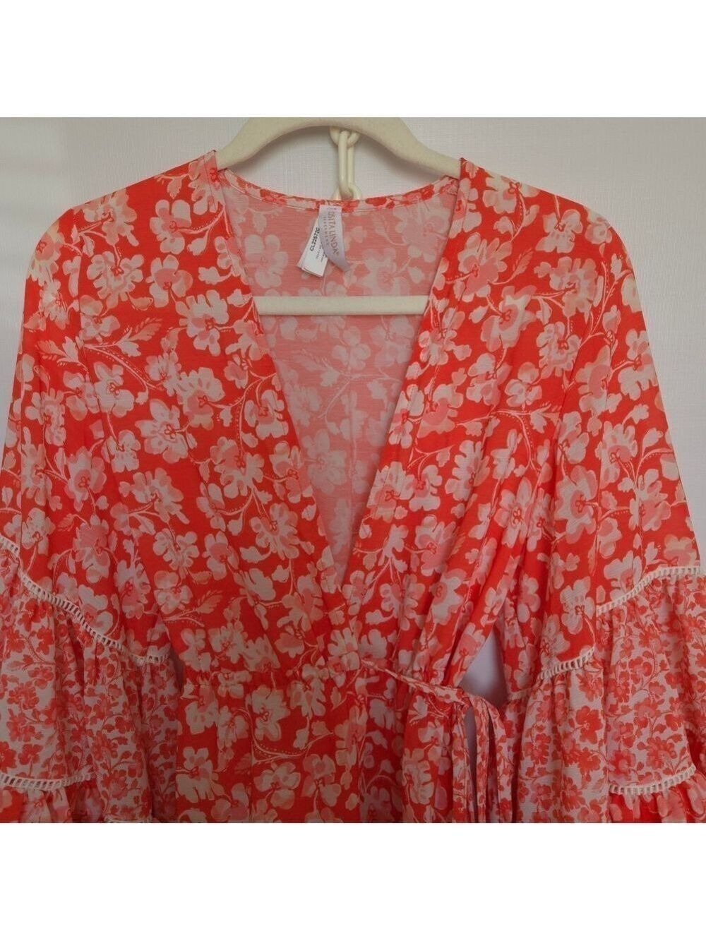 COSITA LINDA FULL WRAP DRESS BEACHWEAR ORANGE WHITE RUFFLES FLOWY BOHO SZ MEDIUM - Picture 4 of 15